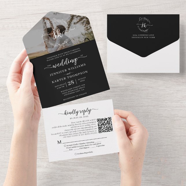Elegant Black Monogram QR Code Photo Wedding All In One Invitation (Creator Uploaded)