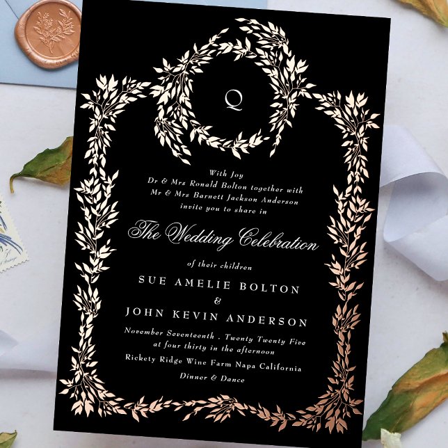 Elegant Black | monogram Rose Gold Crest Wedding (Creator Uploaded)