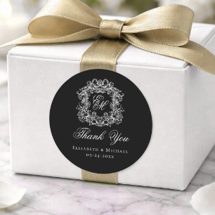 Elegant Black Monogram Wedding Crest Thank You Classic Round Sticker