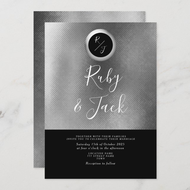 Elegant Black Monogram Wedding Invitation (Front/Back)