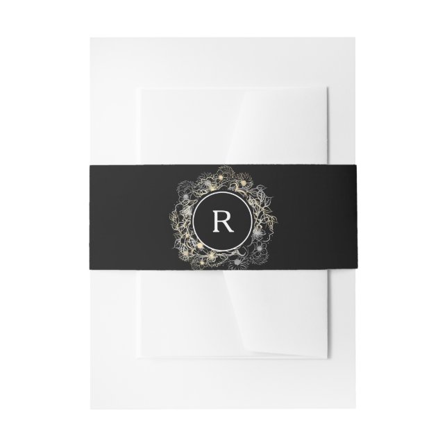 Elegant Black Monogram Wedding Invitation Belly Band (Front Example)