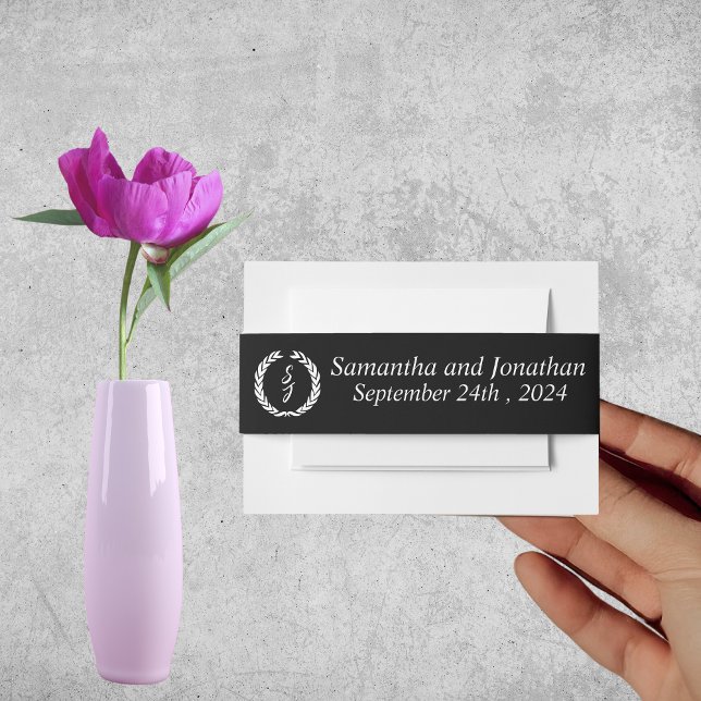 Elegant Black Monogram Wreath Invitation  Belly Band (Creator Uploaded)