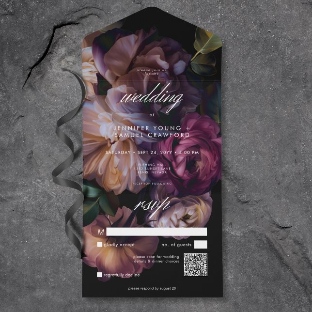Elegant Black Moody Floral Wedding QR Code All In One Invitation (Elegant Black Moody Floral Wedding QR Code All In One Invitation)