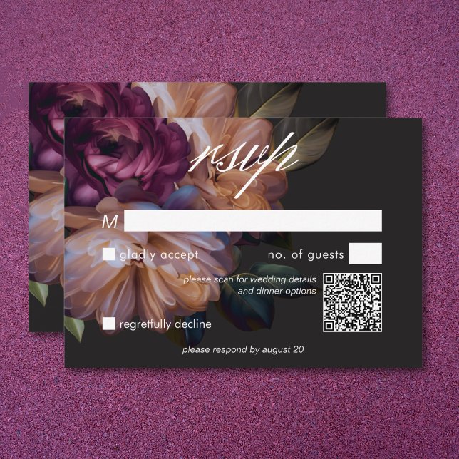 Elegant Black Moody Floral Wedding QR Code RSVP Card (Elegant Black Moody Floral Wedding QR Code RSVP Card)