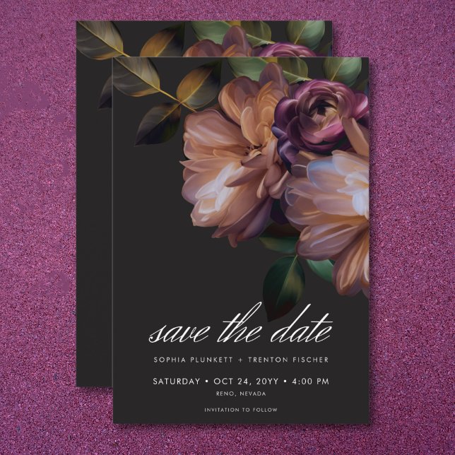 Elegant Black Moody Floral Wedding Save The Date (Elegant Black Moody Floral Wedding Save The Date)