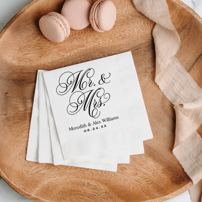 Elegant Black Mr and Mrs Script Wedding Napkin (Creator Uploaded)