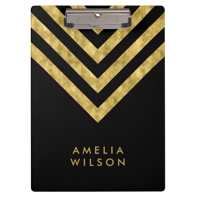 Elegant Black Name Faux Gold Chevron Clipboard (Front)