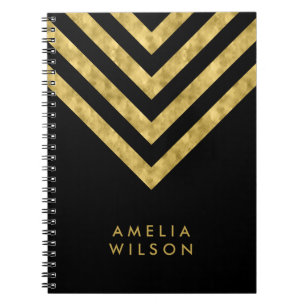 Elegant Black Name Faux Gold Chevron Pattern Notebook