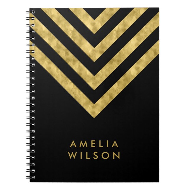 Elegant Black Name Faux Gold Chevron Pattern Notebook (Front)