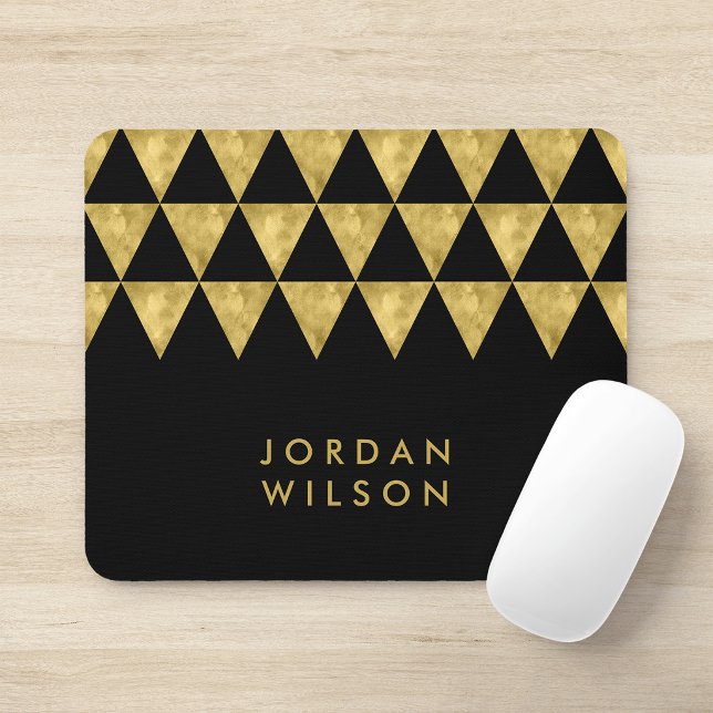 Elegant Black Name Faux Gold Triangle Pattern Mouse Pad (Creator Uploaded)