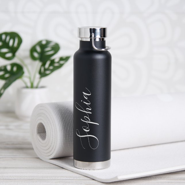 Elegant Black Name Scripted Water Bottle (Yoga (Rotated))