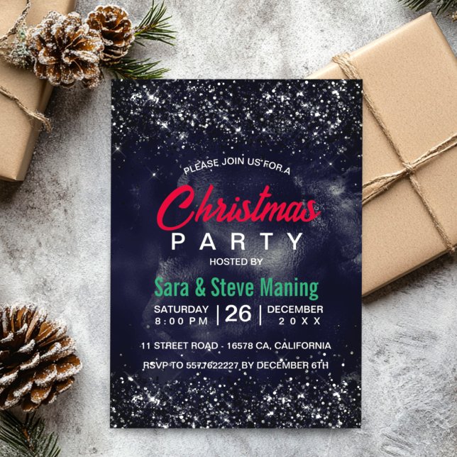 Elegant black navy marble art glitter Christmas  Invitation (Creator Uploaded)