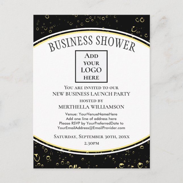 Elegant Black New Business Shower Logo Invitation Postcard (Front)