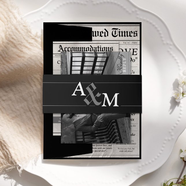 Elegant Black Newspaper Wedding Invitation Suite Invitation Belly Band (Classic Newspaper Style Elegant black and white cute monogram initials invitation suite belly band)