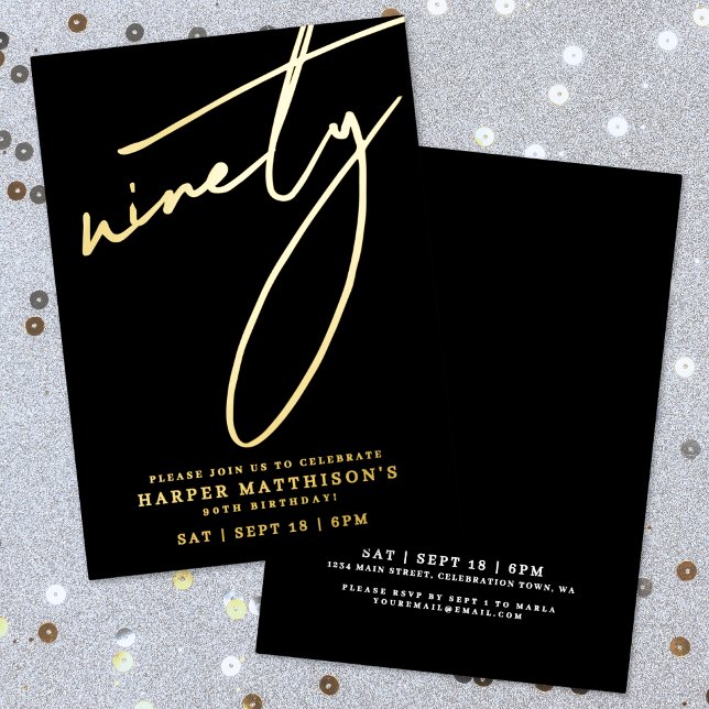 Elegant Black Ninety 90th Birthday Gold (Elegant Black Ninety 90th Birthday Gold Foil Invitation)
