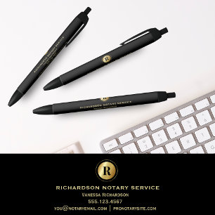 Elegant Black Notary Gold Monogram Promotional  Ink Pen