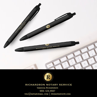 Elegant Black Notary Gold Monogram Promotional Ink Pen