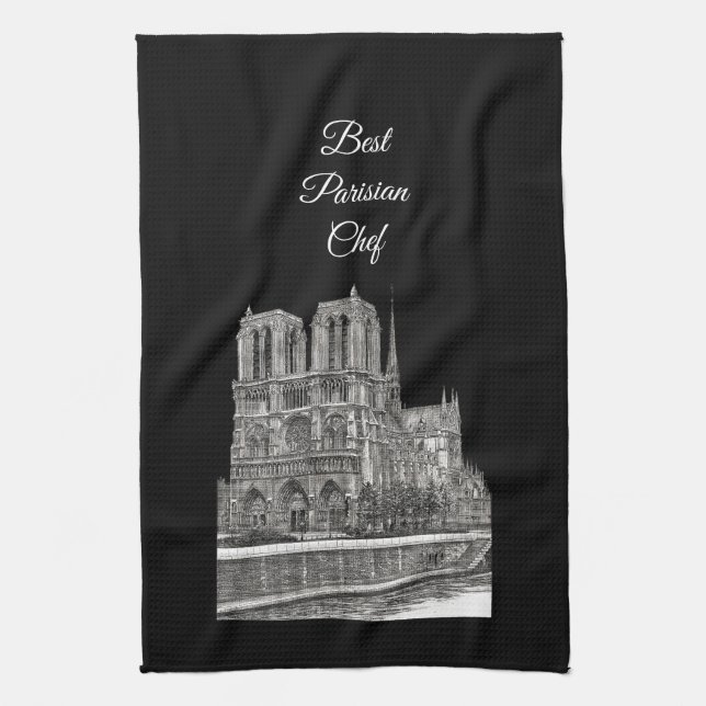 Elegant Black Notre Dame Best Parisian Chef Tea Towel (Vertical)