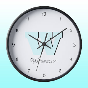 Elegant Black Numbers and Pastel Cyan Monogram  Square Wall Clock
