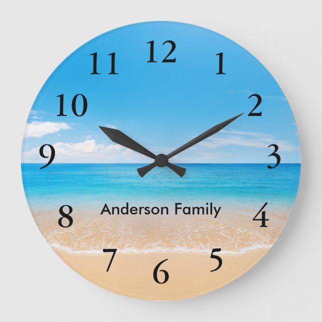 Elegant Black Numbers Aqua Beach Scene Personised Large Clock (Front)