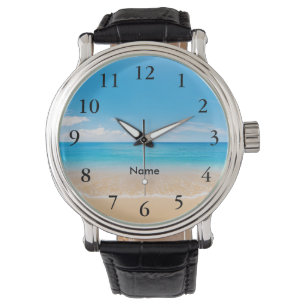 Elegant Black Numbers Aqua Beach Scene Personised Watch