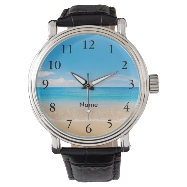 Elegant Black Numbers Aqua Beach Scene Personised Watch (Front)