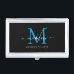 Elegant Black Ocean Blue Monogram Script Name Business Card Holder<br><div class="desc">Elegant Black Bright Ocean Blue Monogram Girly Script Name Business Card Case</div>