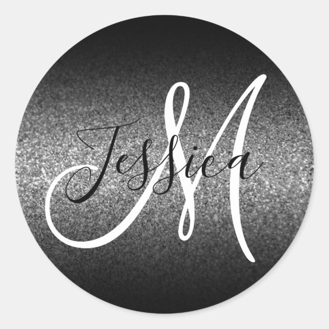 Elegant Black Ombre Silver Faux Glitter Monogram Classic Round Sticker (Front)