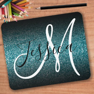 Elegant Black Ombre Teal Glitter Monogram Mouse Pad