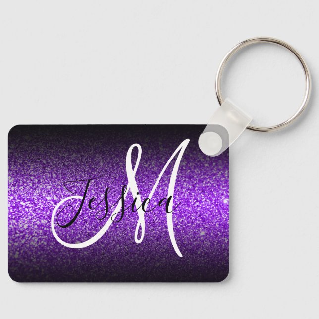 Elegant Black Ombre Violet Faux Glitter Monogram Key Ring (Front)
