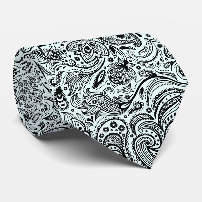 Elegant Black On Light Blue Floral Paisley Pattern Tie (Rolled)