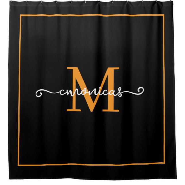 Elegant Black &Orang Bordar Script Monogram Name  Shower Curtain (Front)