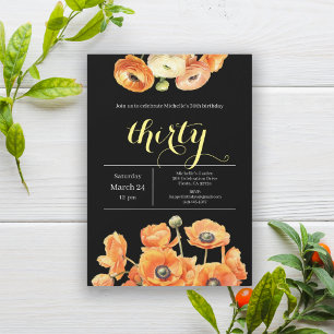 Elegant Black Orange Floral 30th Birthday Party Invitation