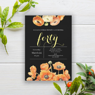 Elegant Black Orange Floral 40th Birthday Party Invitation