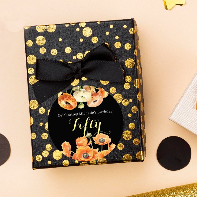 Elegant Black Orange Floral 50th Birthday Party Classic Round Sticker (Creator Uploaded)