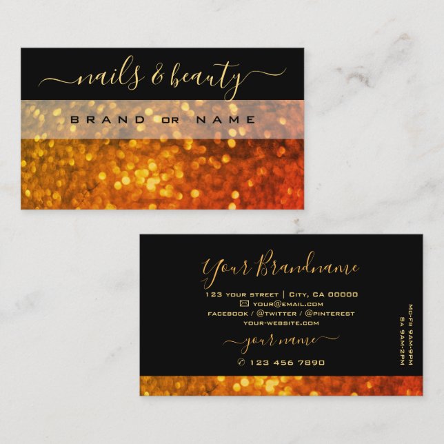 Elegant Black Orange Gold Sparkle Glitter Shimmery Business Card (Front/Back)