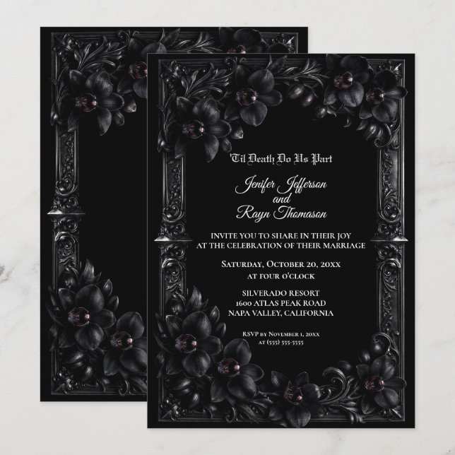 Elegant black Orchid Gothic wedding Invitation (Front/Back)
