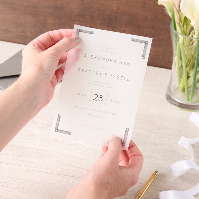 Elegant Black Ornate Brackets Vellum Invitations (Handheld)