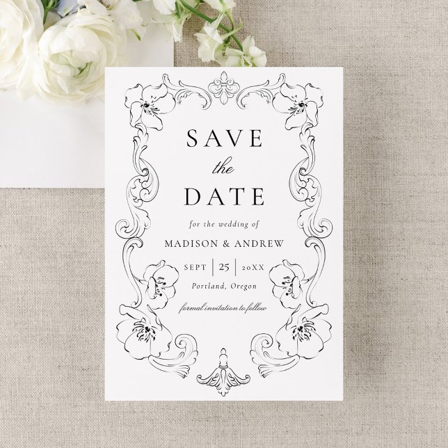 Elegant Black Ornate Floral Frame Wedding Save The Date (Creator Uploaded)