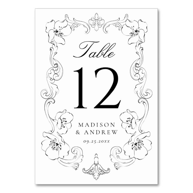 Elegant Black Ornate Floral Frame Wedding Table Number (Front)