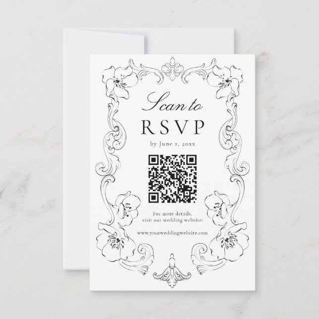 Elegant Black Ornate Floral QR Code Wedding RSVP Card (Front)