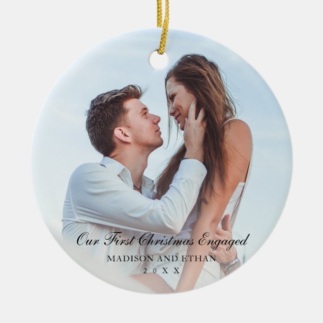 Elegant Black Our First Christmas Engaged Photo Ceramic Ornament (Front)