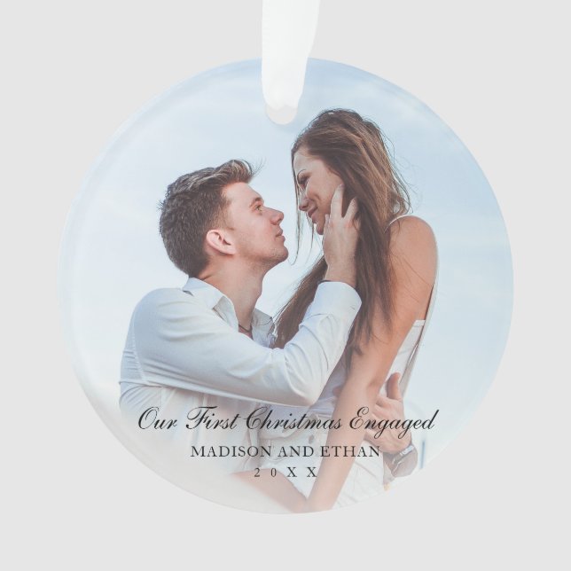 Elegant Black Our First Christmas Engaged Photo Ornament (Front)