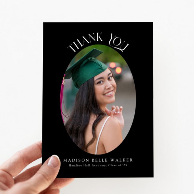 Elegant Black Oval Graduation Photo Thank You  Card (Creator Uploaded)