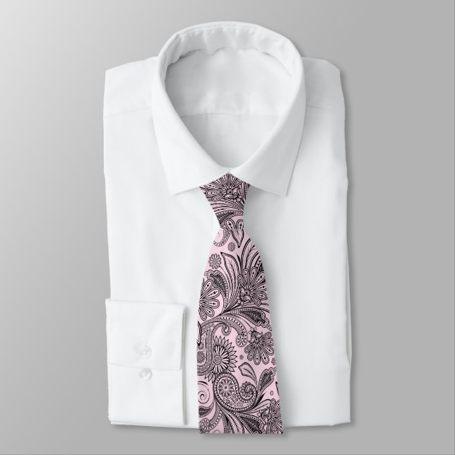 Elegant Black Paisley On Light Pink Background Tie (Tied)