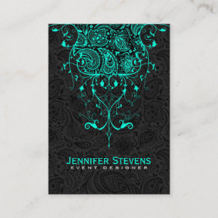 Elegant Black Paisley & Teal-Green Floral Lace Business Card