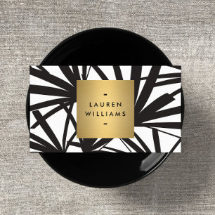 Elegant Black Palm Fronds with Gold Nameplate Logo Business Card