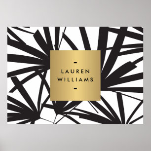 Elegant Black Palm Fronds with Gold Nameplate Logo Poster