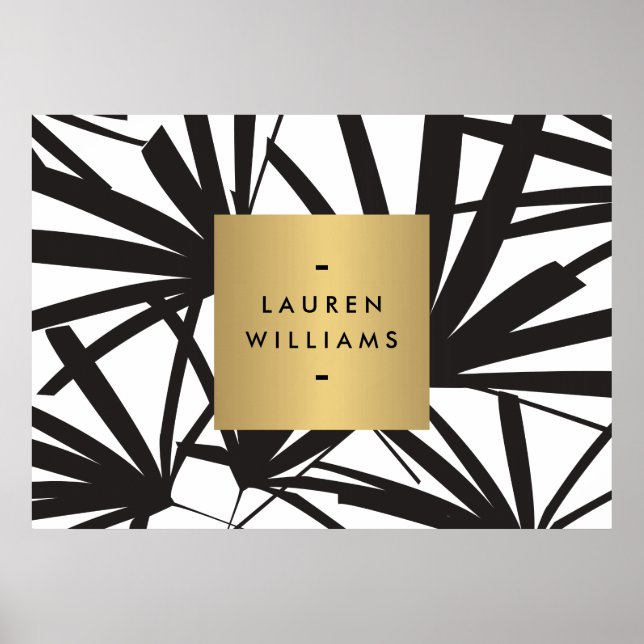 Elegant Black Palm Fronds with Gold Nameplate Logo Poster (Front)