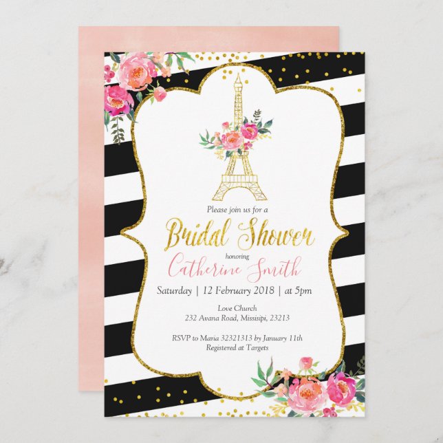 Elegant Black Paris Floral Romantic Bridal Shower Invitation (Front/Back)